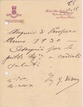Item #67-0677 ALS. On note paper from the Hotel Adlon, Berlin. G. DeMeo