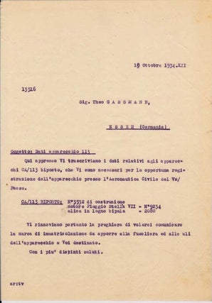 Item #67-0680 Typed letter from Societa Aeroplani Caproni to Theo Gassmann. Societa Aeroplani...