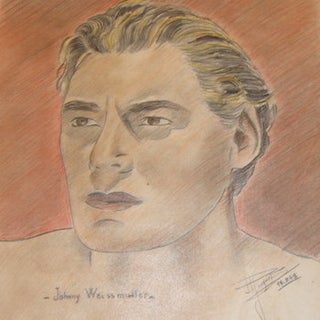 Item #68-0330 Johnny Weissmuller. Hand colored & signed by Jacquet. J. P. Jacquet
