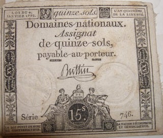Item #68-0507 Domaine Nationaux. Assignat De Quinze Sols, Payable Au Porteur. La la du 4 Janvier...