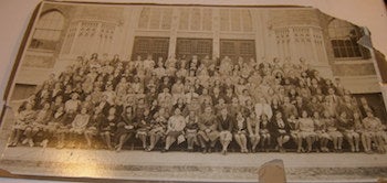 Item #68-0594 Panoramic Class Photo. According to notes on verso, students include Maccan Edelman, Jessie Chambers, "Boots" Caldwell, Margaret Schuster, Annie Benzing, Ruth Gowan. [Private High School?]. 20th Century American Photographer.