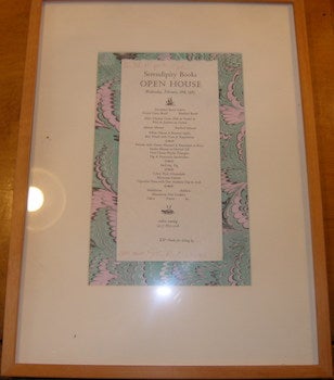 Item #68-0628 Serendipity Books Open House. Wednesday, February 18th, 1987. Menu. Signed & dated...