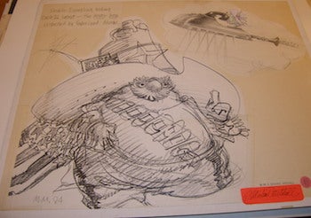Item #68-0725 Double Dumpling Testing Uncle D's Latest--The Hover Iron Propelled By Vaporized Music. Drawings for Michael Mitchell's "The Dumplings" project. Signed by artist. E. Michael Mitchell, 1920 - 2009.