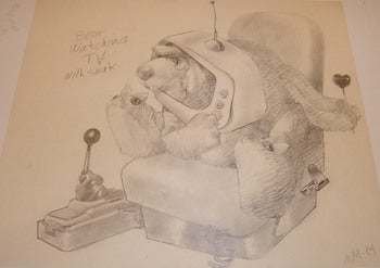 Item #68-0744 Bear Watching TV With Snak. Drawing for Michael Mitchell's "The Dumplings" project. Initialed by artist. E. Michael Mitchell, 1920 - 2009.
