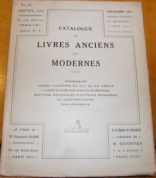 Item #68-0819 Catalogue De Livres Anciens Et Modernes. 8, 9, & 10 Juin, 1925. Lots #1-652....