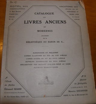 Item #68-0835 Catalogue De Livres Anciens Et Modernes. Jeudi 26 Et Vendredi 27, Mars 1925....