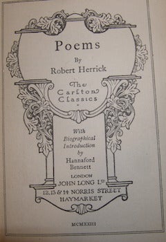 Item #68-1180 Poems By Robert Herrick. With Biographical Introduction by Hannaford Bennett....