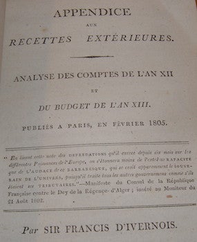 Item #68-1533 Appendice Aux Recettes Exterierues. Francis d' Sir Ivernois
