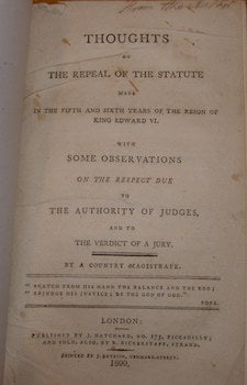 Item #68-1575 Thoughts On The Repeal Of The Statute Made In The Fifth And Sixth Years Of The...