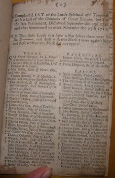 Item #68-1579 A Compleat List Of The Lords Spiritual and Temporal, with a list of the Commons of...