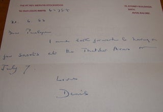 Item #68-1957 Autograph letter signed Rev. Mervyn Stockwood, 21 June, 1988, addressed to...