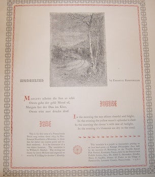 Item #68-2082 Morgelied. Emanuel Rondthaler, William C. Reichel, Jervis McIntee, F. S. King, transl., etching, wood engraving.
