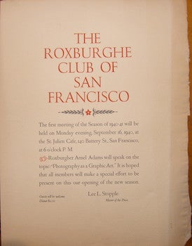 Item #68-2086 The Roxburghe Club Of San Francisco. The first meeting of the Season of 1940-41...