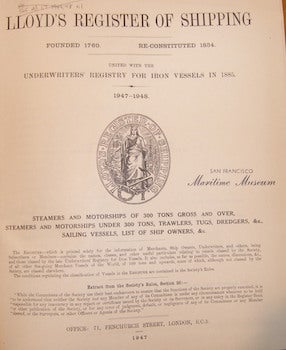 Item #68-2397 Lloyd's Register Of Shipping. United With The Underwriters' Registry For Iron...