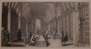 Item #68-2471 Engraving Of An Arched Library, With Marble Busts Atop Shelving Sections. Subjects...