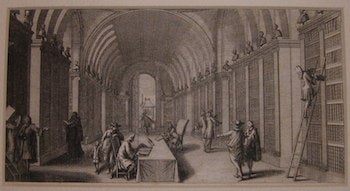 Item #68-2471 Engraving Of An Arched Library, With Marble Busts Atop Shelving Sections. Subjects Clad in 17th Century Garb. 17th Century French Engraver.