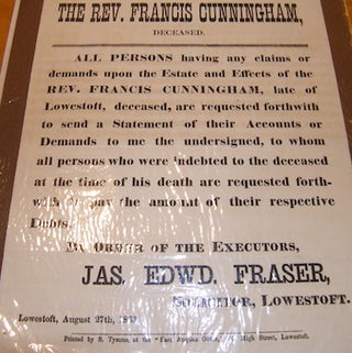 Item #68-2493 The Rev. Francis Cunningham, Deceased. Jas. Edwd Fraser, Lowestoft, Solicitor