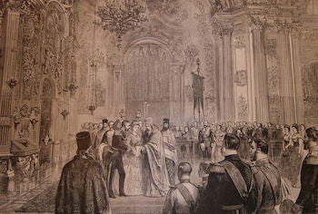Item #68-2566 The Marriage Of Prince Alfred And The Grand Duchess Marie -- The Greco-Russian Wedding Ceremony In The Imperial Chapel Of The Winter Palace. Harper's Weekly, March 7, 1874. Harper's Weekly, H. Harral, engrav.