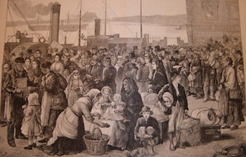 Item #68-2618 Emigrants Leaving Queenstown [Ireland] For New York. Harper's Weekly, September 26, 1874. Harper's Weekly, after M. F., art.