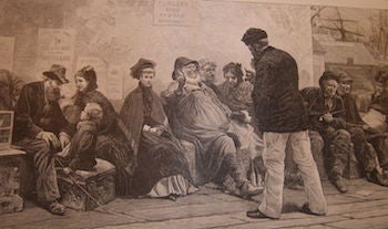 Item #68-2625 The Last Day In Old England--Waiting To Go On Board The Emigrant Steamer. Harper's Weekly, July 17, 1875. Harper's Weekly, C J. Stanland, engrav.