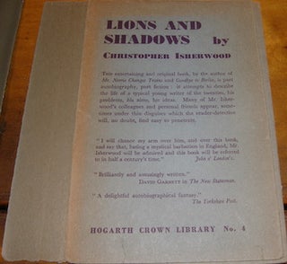 Item #68-2769 Dust Jacket for Lions And Shadows. Christopher Isherwood