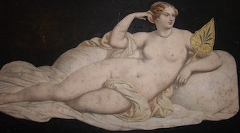 Item #68-2822 Nude Woman Reclining on Sofa with Fan. 16th Century Italian Artist.