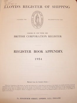 Lloyd's Register Of Shipping. United In 1949 With The British Corporation Register. Register Book Appendix 1954.