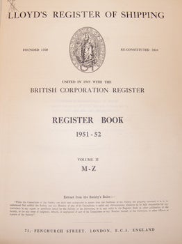 Lloyd's Register Of Shipping. United In 1949 With The British Corporation Register. Register Book 1951-52. Volume II, M-Z.