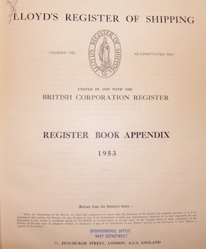 Lloyd's Register Of Shipping. United In 1949 With The British Corporation Register. Register Book Appendix 1953.