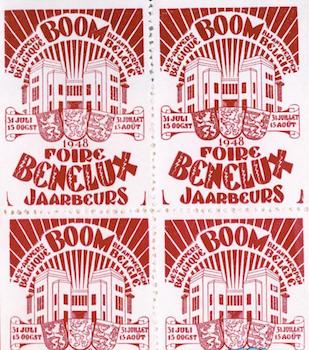 Item #68-3353 Boom. 1948 Foire Benelux Jaarbeurs. Lez-Anvers Belgique, Bij Antwerpen Belgie. (Four identical stamps). 20th Century European Artist.