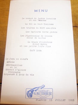 Item #68-3462 Menu. Planois [France]. 16 Juillet, 1955. 20th Century French Restaurateur