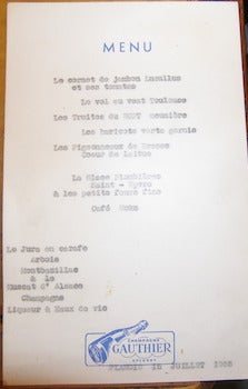 Item #68-3464 Menu. Planois [France]. 15 Juillet, 1955. 20th Century French Restaurateur