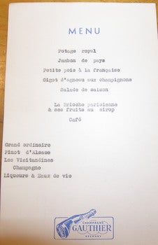 Item #68-3465 Menu. Planois [France]. Menu list begins with Potage Royal & Jambon De Pays. 20th Century French Restaurateur.