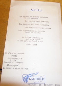 Item #68-3468 Menu. Planois [France]. 15 Juillet 1955. 20th Century French Restaurateur