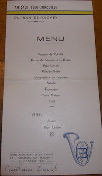 Hotel Restaurant De La Charme, Saulxures-Sur-Moselotte; Amicale Bleu-Jonquille Du Ban-De-Vagney - Menu. Hotel Restaurant de la Charme, Saulxures-Sur-Moselotte. 15 Octobre 1967