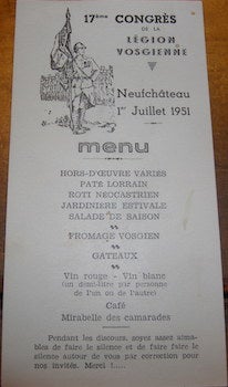 Item #68-3474 Menu. Neufchateau. 1 Juillet 1951. Congres De La Legion Vosgienne