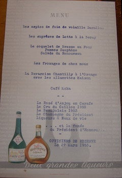 Item #68-3484 Menu. Officiers De Reserve. 27 Mars 1955. 20th Century French Restaurateur