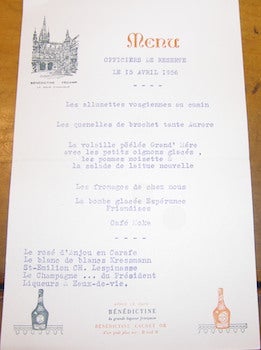 Item #68-3485 Menu. Officiers De Reserve. 15 Avril 1956. 20th Century French Restaurateur