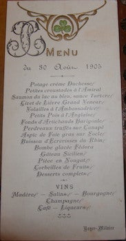 Item #68-3488 Menu. 30 Aout 1905. Royer Milaire. 20th Century French Restaurateur