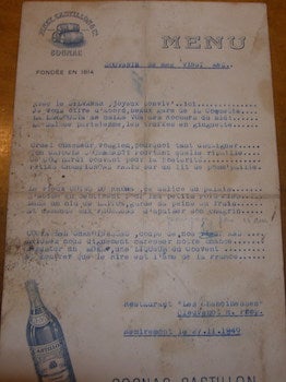 Item #68-3493 Menu. Remiremont [France]. 27 Novembre 1949. Cognac Castillon