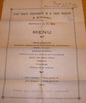 Item #68-3498 Menu. Banquet du 21 Mai [1926]. Grand Congres Departmental De La Legion Vosgienne
