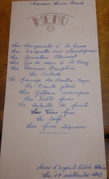 [20th Century French Restaurateur] - Menu. Noces D'Argent Didier Blaine. 17 Septembre 1949