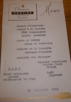Item #68-3517 Menu. 11 Decembre 1955. 20th Century French Restaurateur