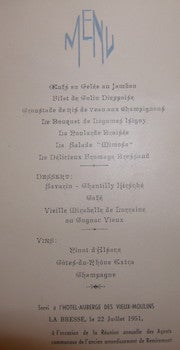 Item #68-3521 Menu. Hotel Auberge Des Vieux-Moulins. 22 Juillet 1951. Hotel Auberge Des...