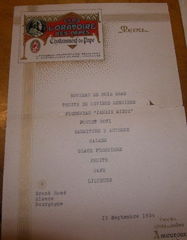 Item #68-3534 Menu. 15 Septembre 1954. 20th Century French Restaurateur