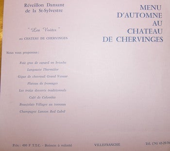 Chateau De Chervinges - Menu D'Automne Au Chateau de Chervinges. Reveillon Dansant de la St. Sylvestre 