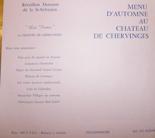 Item #68-3557 Menu D'Automne Au Chateau De Chervinges. Reveillon Dansant de la St. Sylvestre "Les...