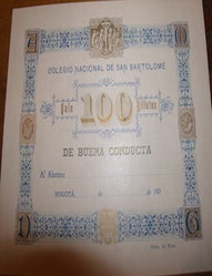 Item #68-3879 Vale 100 Billetes De Buena Conducta. Colegio Nacional De San Bartolome.