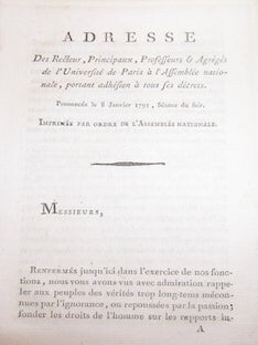 Item #68-3902 Adresse Des Recteur, Principaux, Professeurs & Agreges de l'Universite de Paris....