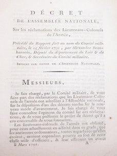 Item #68-3923 Décret de l'Assemblée nationale, sur les réclamations des lieutenans-colonels de...